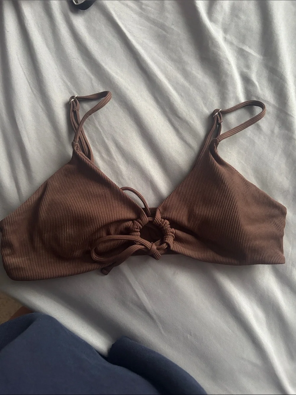 Brown Ribbed Tie-Front Bikini Top *